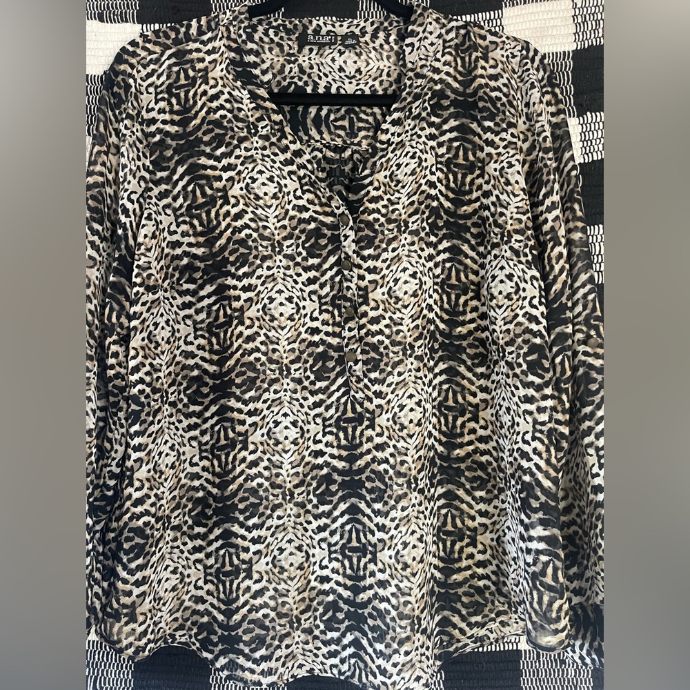 a.n.a a new approach petite. Sheer animal print blouse with adjustable sleeves.